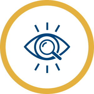 blue and gold eye emblem, symbolizing the marketing firm's philosophy of discerning and fulfilling the true needs of clients